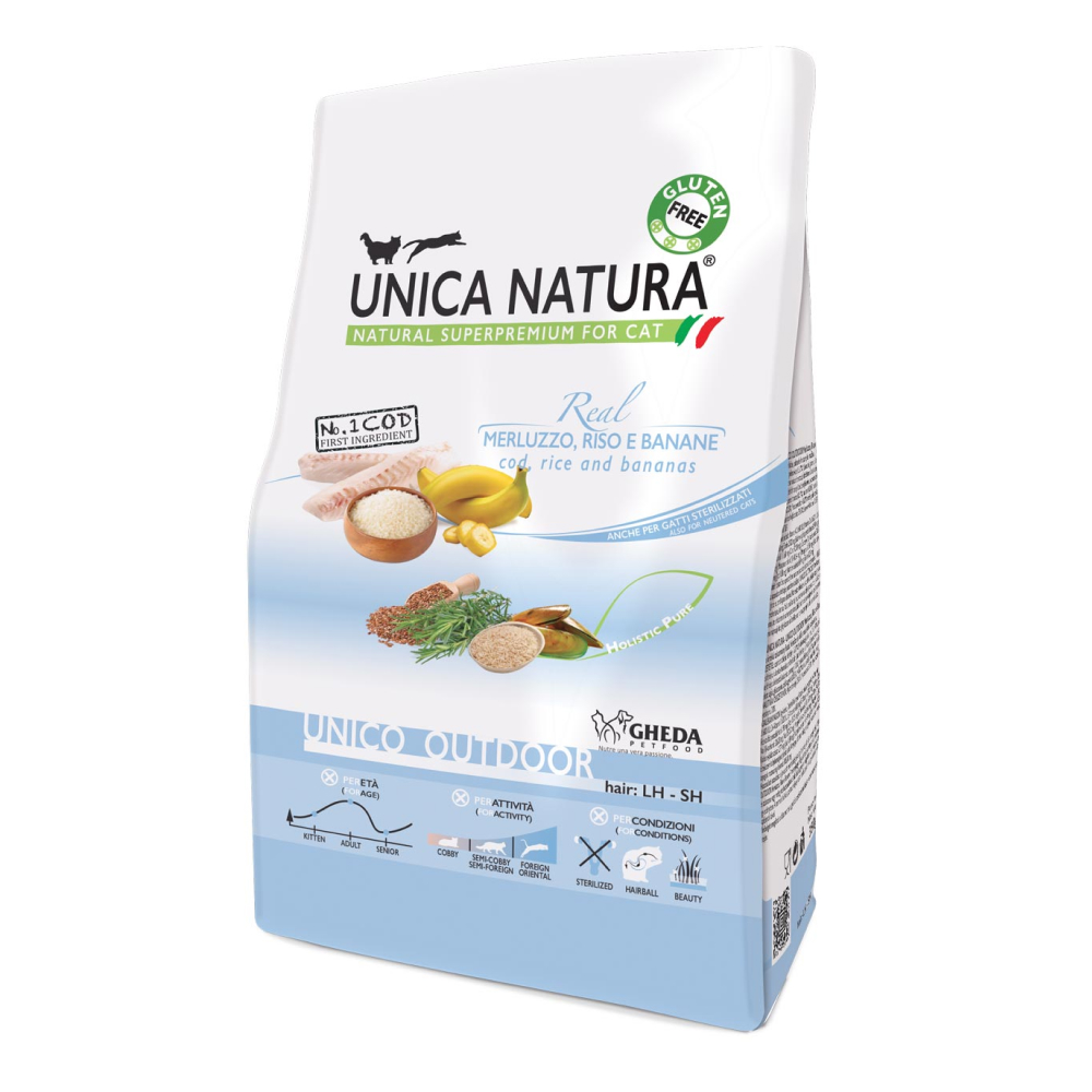 UNICA Natura Unico Outdoor Сухой корм для кошек, с треской, рисом и бананами, 350 гр.