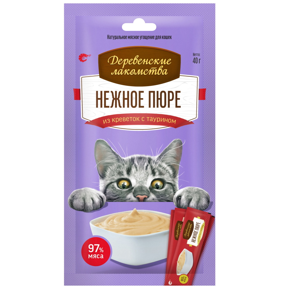 

Деревенские лакомства Лакомство Нежное пюре из креветок (4 шт., 40 гр.) для кошек