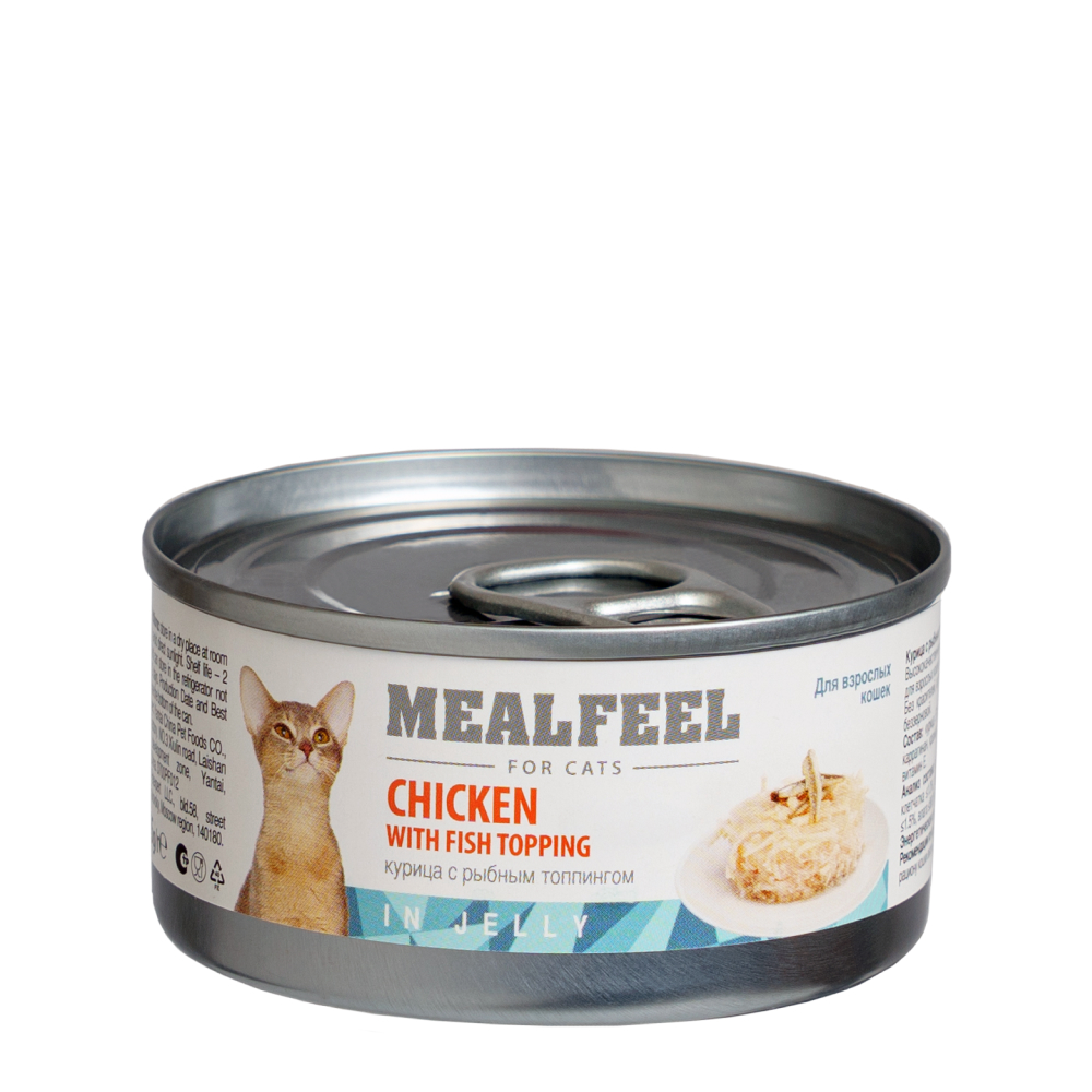 

Mealfeel Влажный корм (консервы) для кошек курица с рыбным топпингом в желе, бн. 85г