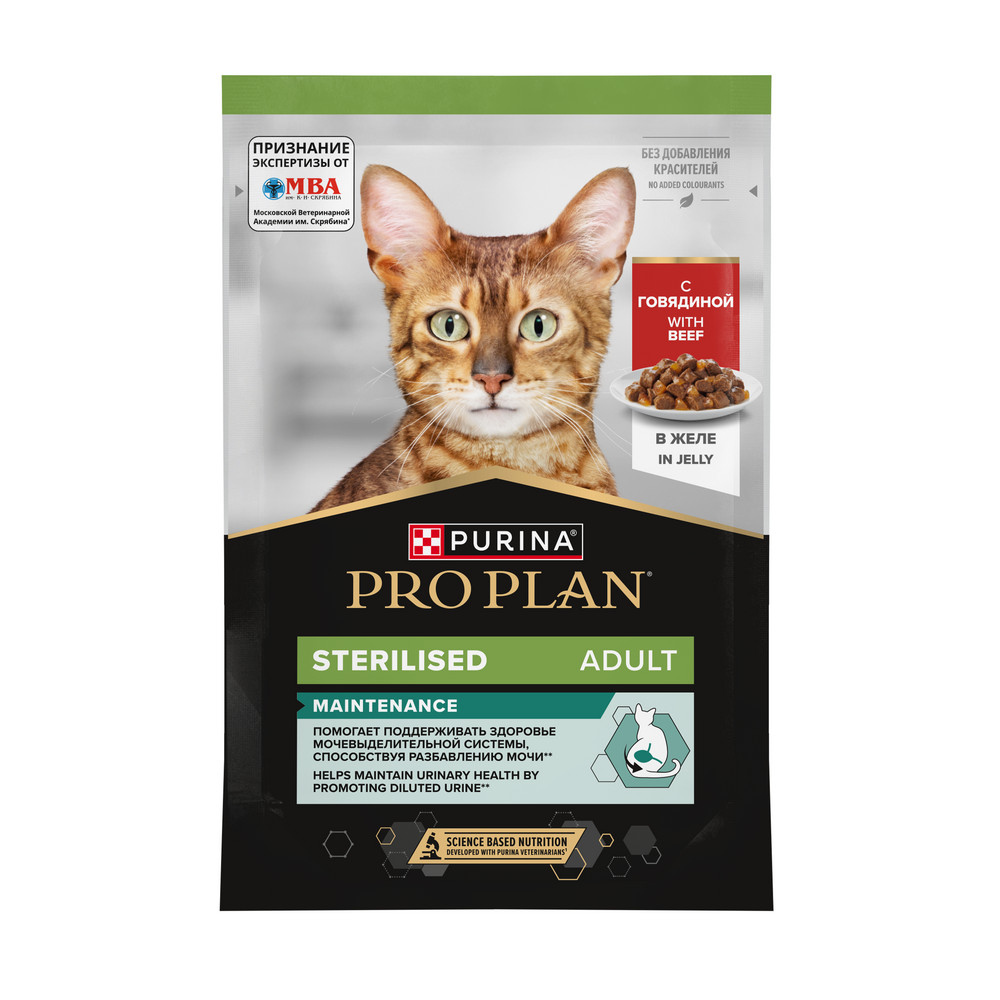 

PRO PLAN® Влажный корм (пауч) для стерилизованных кошек, с говядиной в желе, 85 гр.