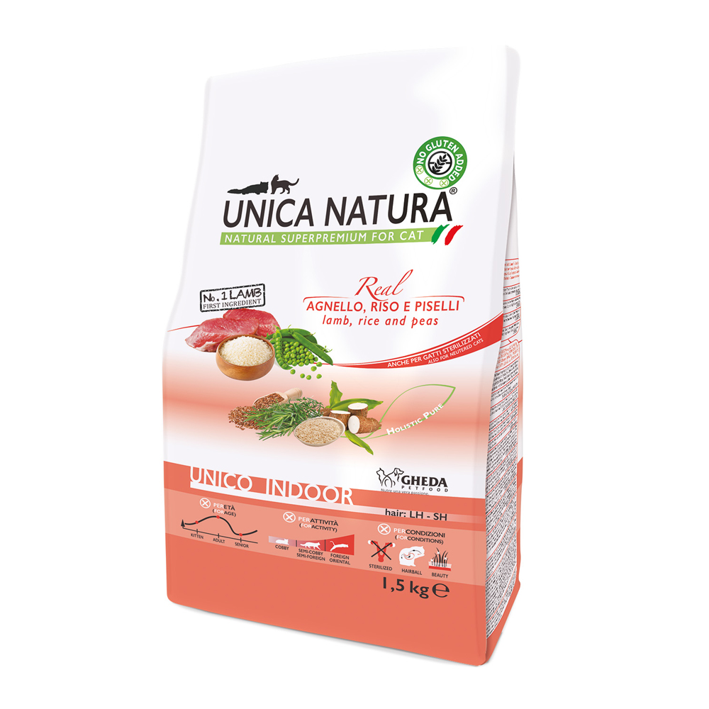 UNICA Natura Indoor Сухой корм для кошек, с ягненком, рисом и горохом, 1,5 кг