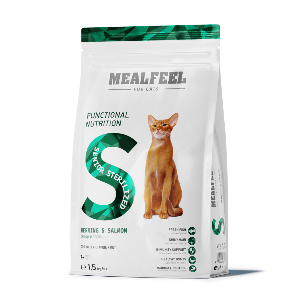 

Mealfeel Корм сухой для стерилизованных кошек в возрасте старше 7 лет с сельдью и лососем 1,5кг