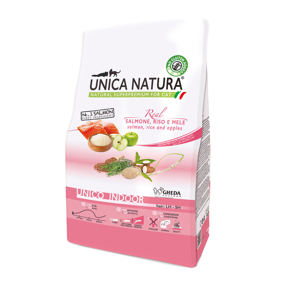 UNICA Natura Indoor Сухой корм для кошек, с лососем, рисом и яблоками, 350 гр.