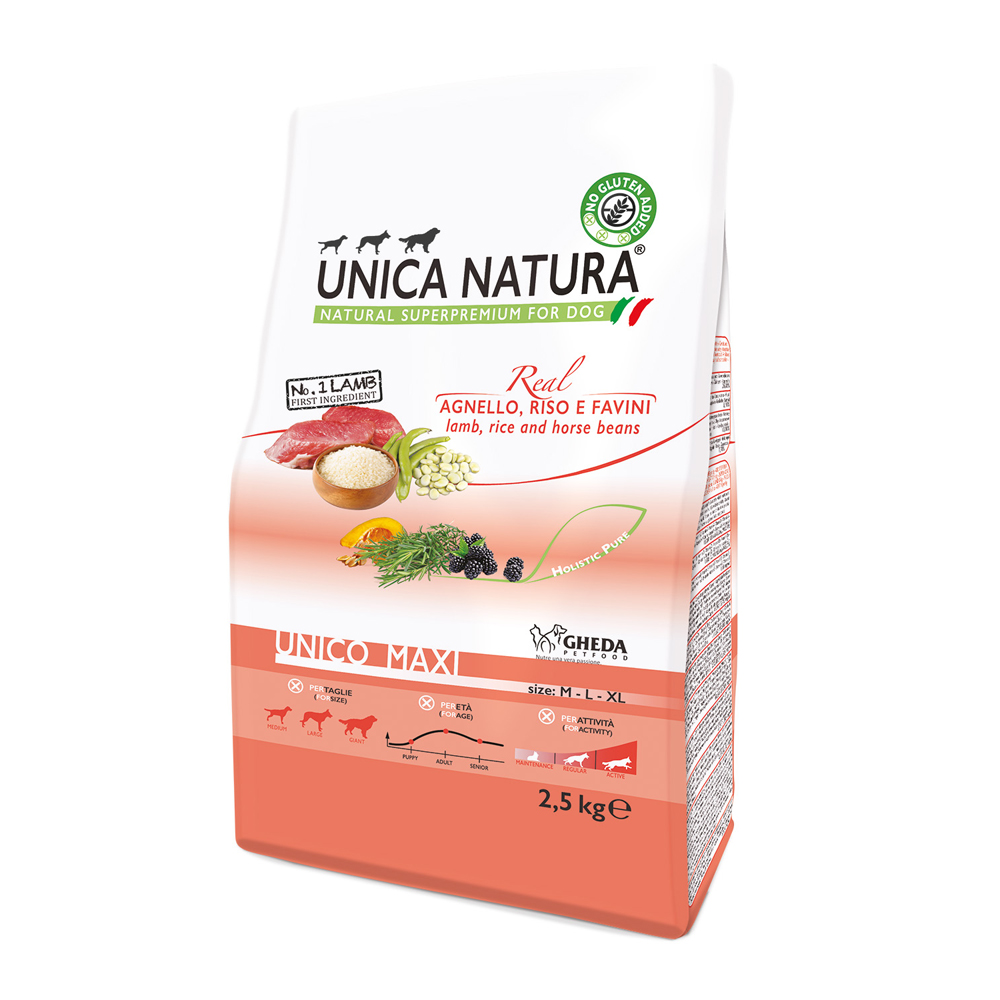 UNICA Natura Maxi Сухой корм для собак крупных пород, с ягненком, рисом и бобами, 2,5 кг