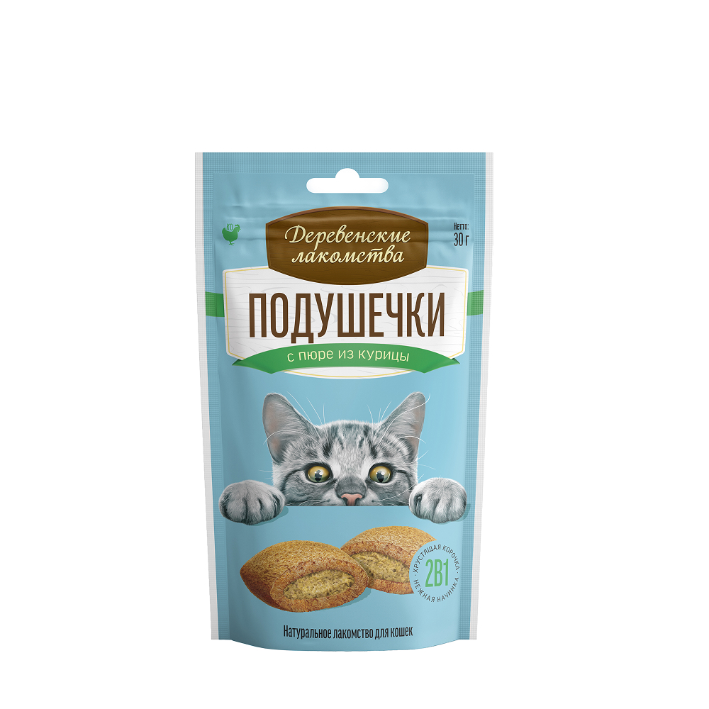 Деревенские лакомства Лакомство Подушечки с пюре из курицы 30 гр для кошек 85₽