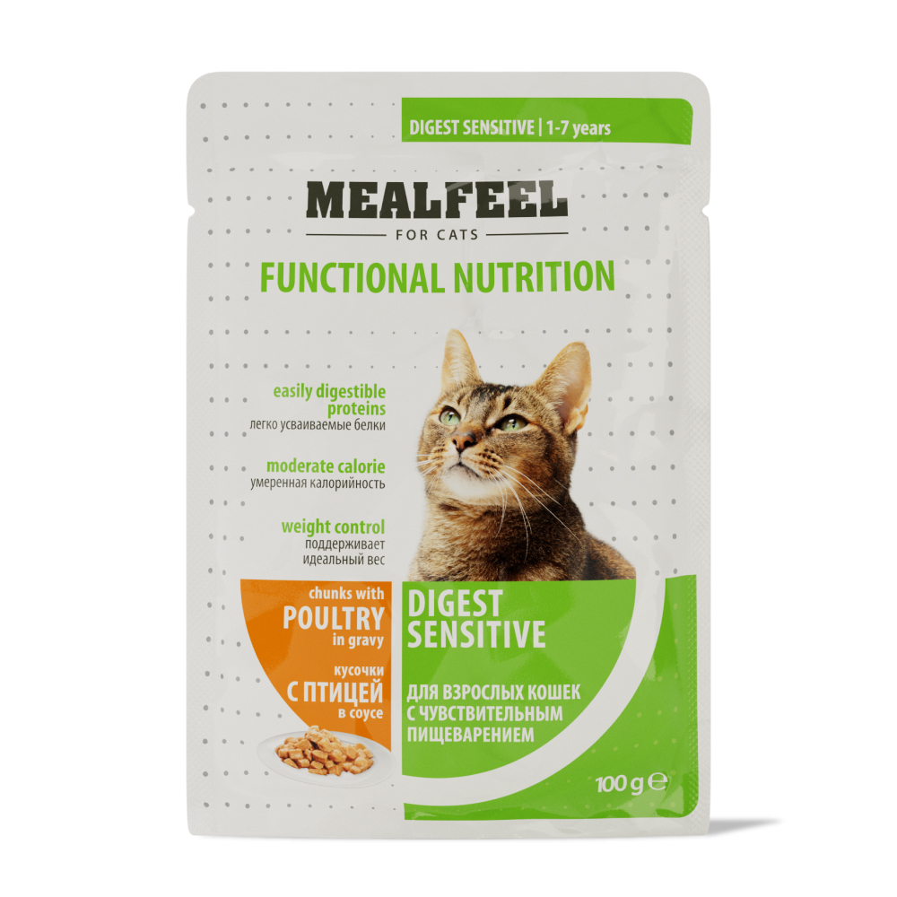 

Mealfeel Functional Nutrition Digest Sensitive Влажный корм (пауч) кошек с чувствительным пищеварением, кусочки с птицей в соусе, 100 гр.