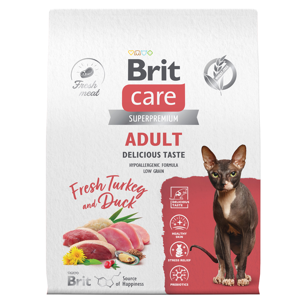 

Brit Delicious Taste Cухой корм для взрослых привередливых кошек, с индейкой и уткой, 7 кг