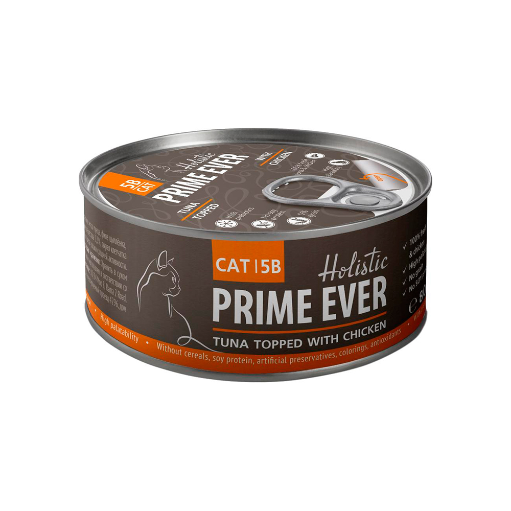 

Prime Ever Влажный корм (консервы) для кошек, тунец с цыпленком с желе, 80 гр.