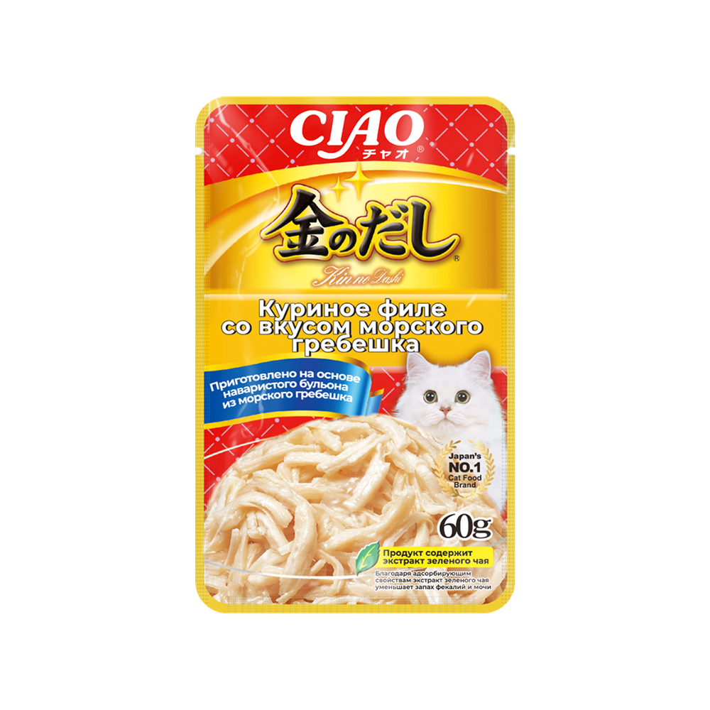 

INABA CIAO Влажный корм (пауч) для кошек, куриное филе со вкусом морского гребешка в желе, 60 гр.