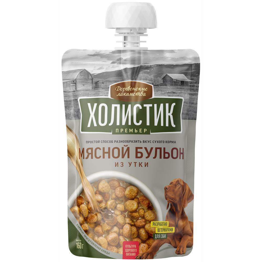 

Деревенские лакомства Лакомство Мясной бульон из утки (160 гр.) для собак Холистик Премьер