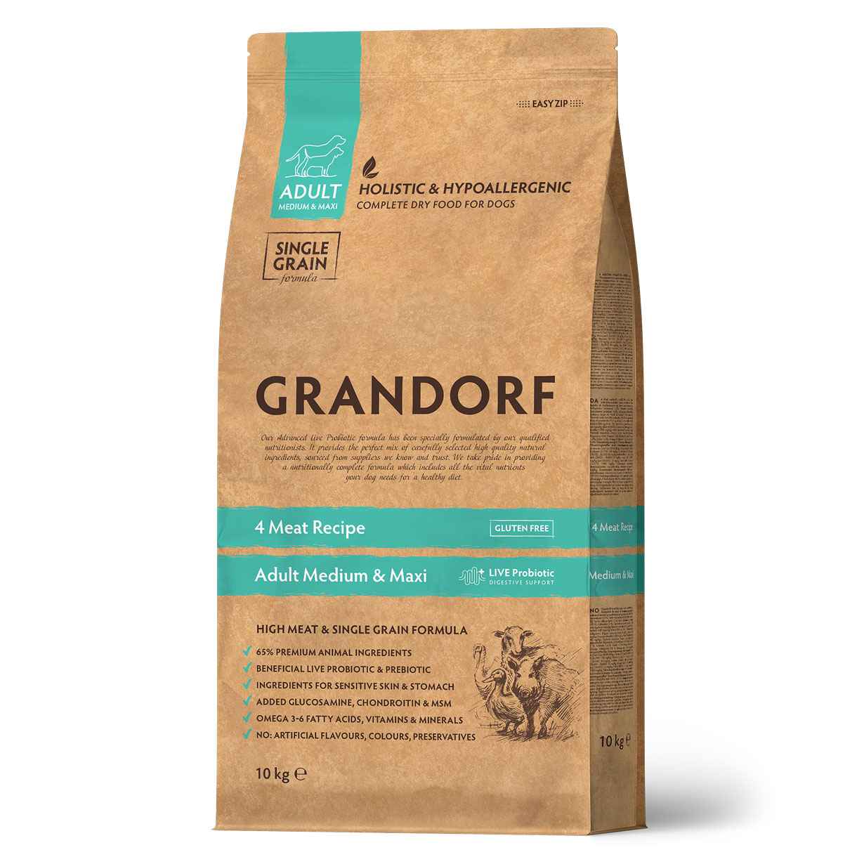 Grandorf Holistic Adult Medium Maxi Сухой корм для собак средних и крупных пород 4 вида мяса с пробиотиками 10 кг 9945₽