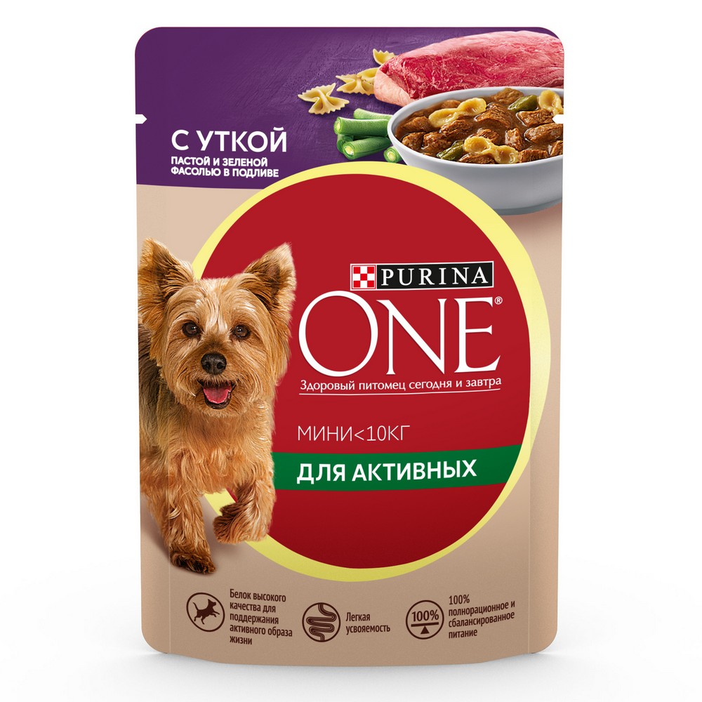 

Purina ONE® Mini Влажный корм (пауч) для взрослых собак мелких пород с активным образом жизни, с уткой, пастой и зеленой фасолью в подливе, 85 гр.