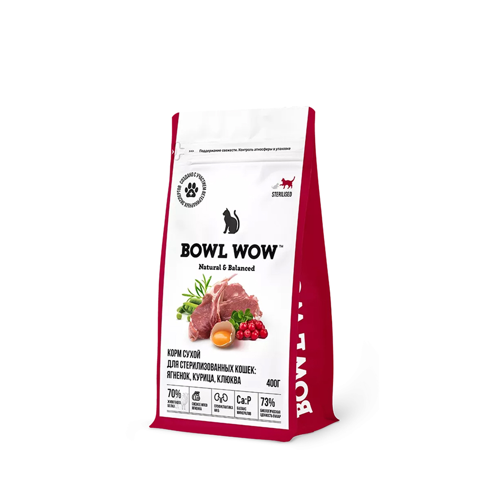 

BOWL WOW Sterilized Сухой корм для стерилизованных кошек, с ягненком, курицей и клюквой, 400 гр.