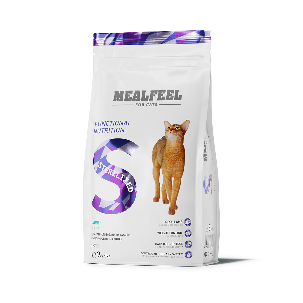 

Mealfeel Корм сухой для стерилизованных кошек и кастрированных котов в возрасте от 1 до 7 лет с ягненком 3кг