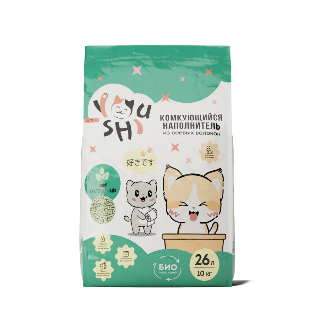 Youshi Наполнитель комкующийся для кошачьего туалета Тофу 26 л 10 кг зеленый чай 2899₽