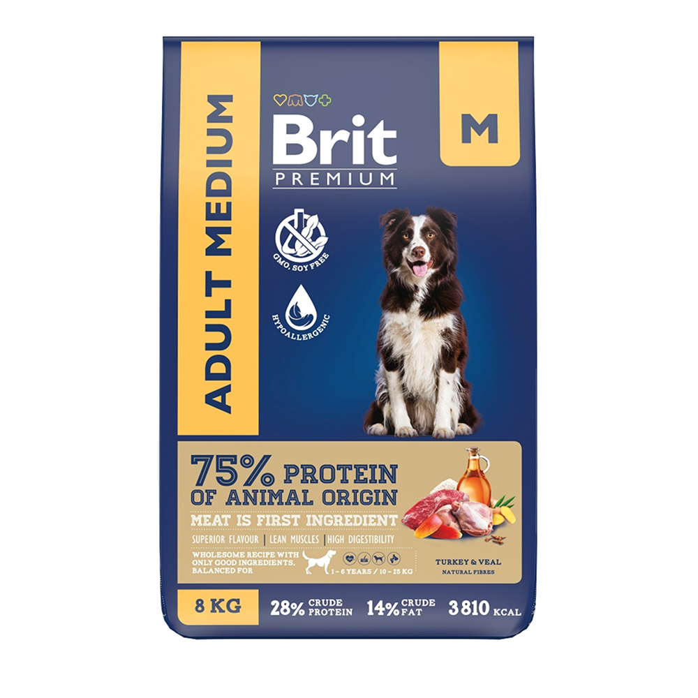 

Brit Dog Adult Medium Сухой корм для собак, с индейкой и телятиной, 8 кг